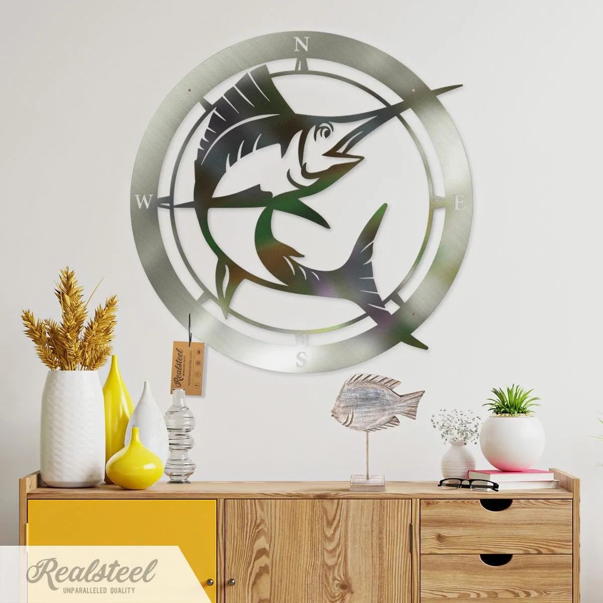 RealSteel Marlin Compass Compass | Fishing Decor | Metal Art | Fish Signs | Marlin Art | 18" Clear Coat
