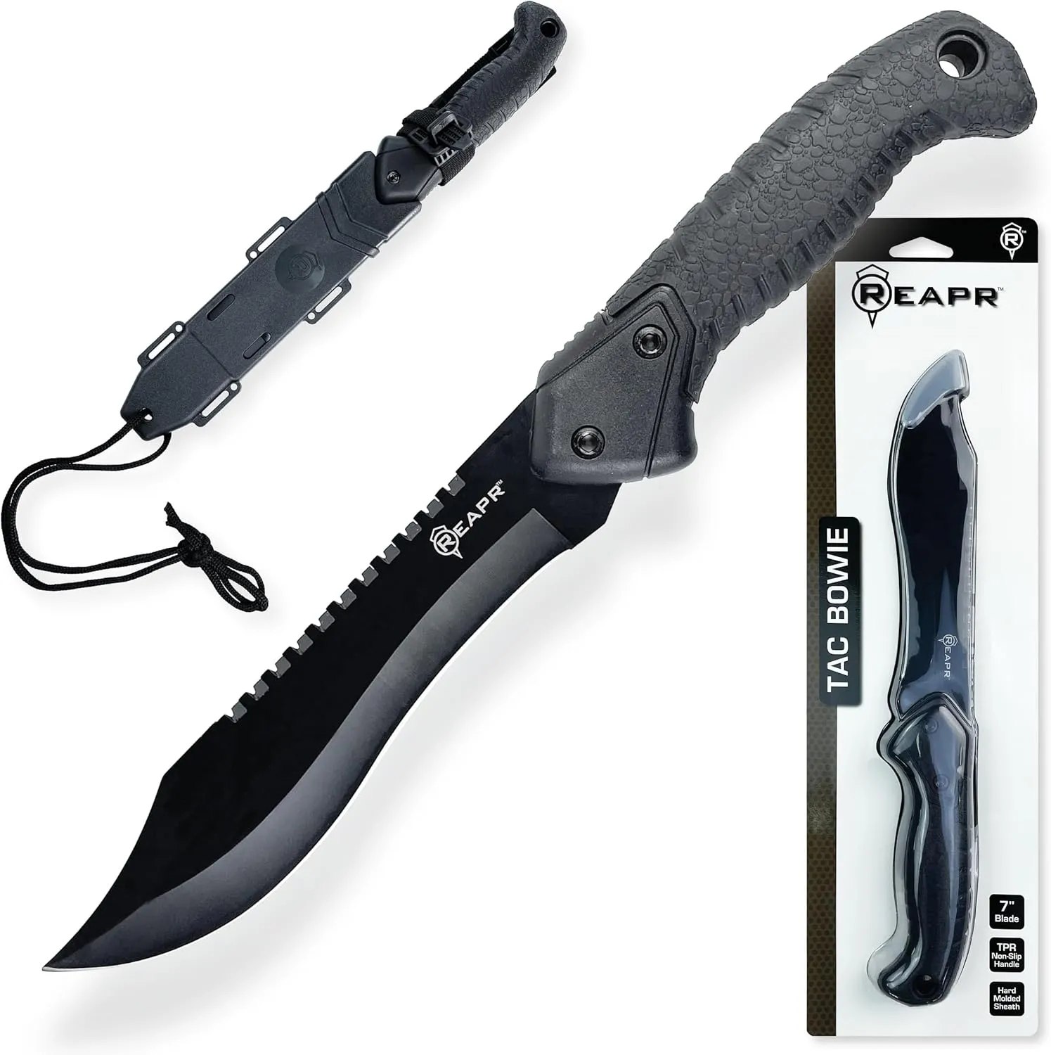 Reapr Tactical Bowie Knife 13” – Survival Hunting Knife with 7” 420 Stainless Steel Blade, Straight & Serrated Edge, TPR Grip Handle, Hard-Molded Sheath with Quick Release – Outdoor & Camping Gear