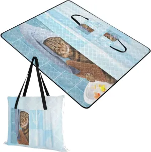 Rectangle Picnic Mat, Outdoor Tote Waterproof Backing Handy Portable Blanket for Family Friends Camping Beach Yoga Hiking Print Cat Taking a Bath in Bathtub Behind Shower Curtain