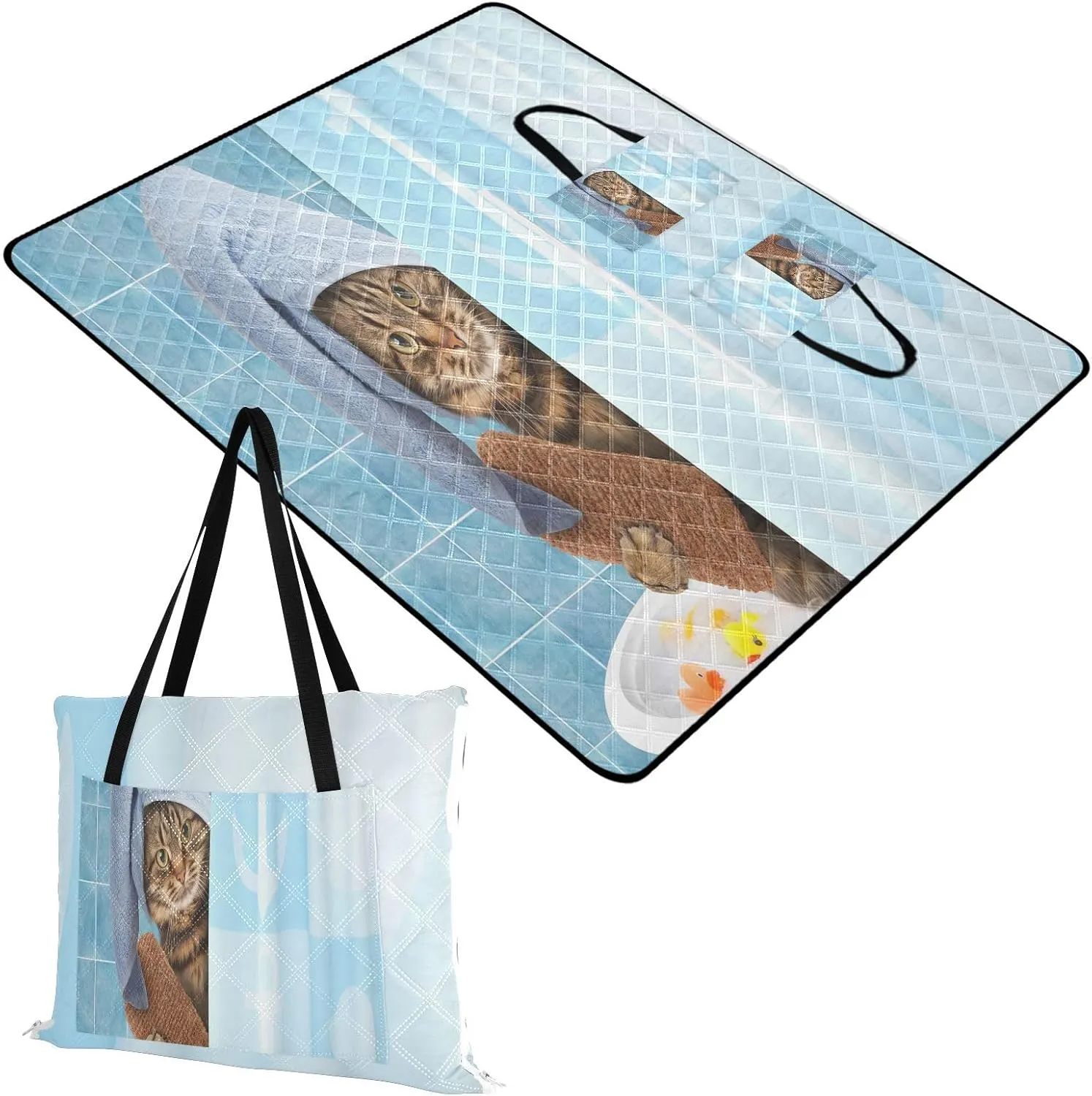 Rectangle Picnic Mat, Outdoor Tote Waterproof Backing Handy Portable Blanket for Family Friends Camping Beach Yoga Hiking Print Cat Taking a Bath in Bathtub Behind Shower Curtain