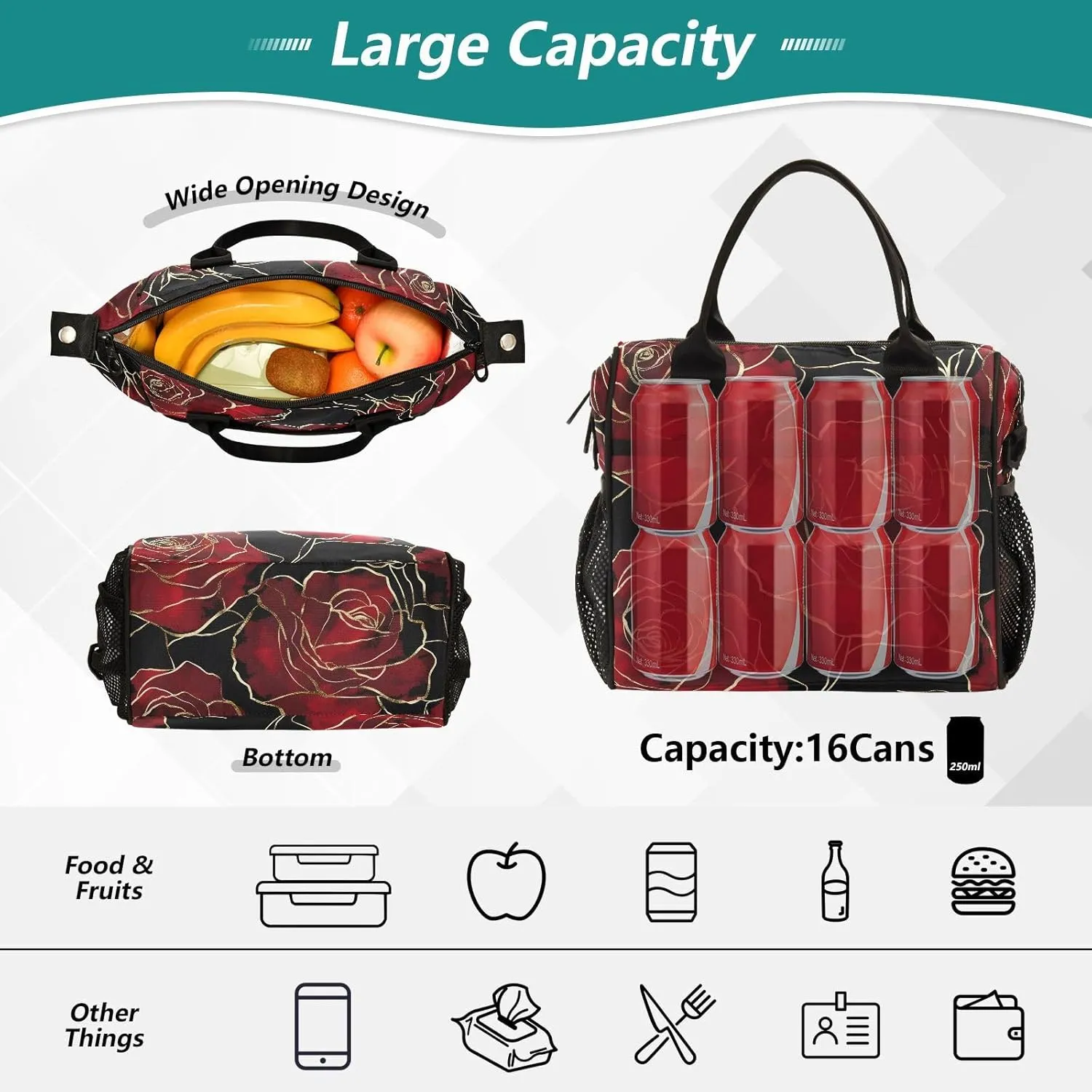 Red Roses Gold Black Lunch Bag for Women, Insulated Lunch Box for Students, Women's Lunch Tote Bag with Side Pockets & Removable Shoulder Strap Large Cooler Purse for Picnic Work Beach