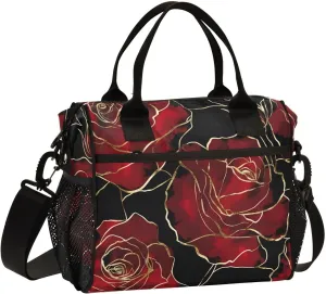 Red Roses Gold Black Lunch Bag for Women, Insulated Lunch Box for Students, Women's Lunch Tote Bag with Side Pockets & Removable Shoulder Strap Large Cooler Purse for Picnic Work Beach