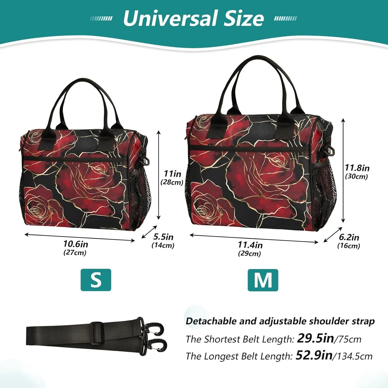 Red Roses Gold Black Lunch Bag for Women, Insulated Lunch Box for Students, Women's Lunch Tote Bag with Side Pockets & Removable Shoulder Strap Large Cooler Purse for Picnic Work Beach
