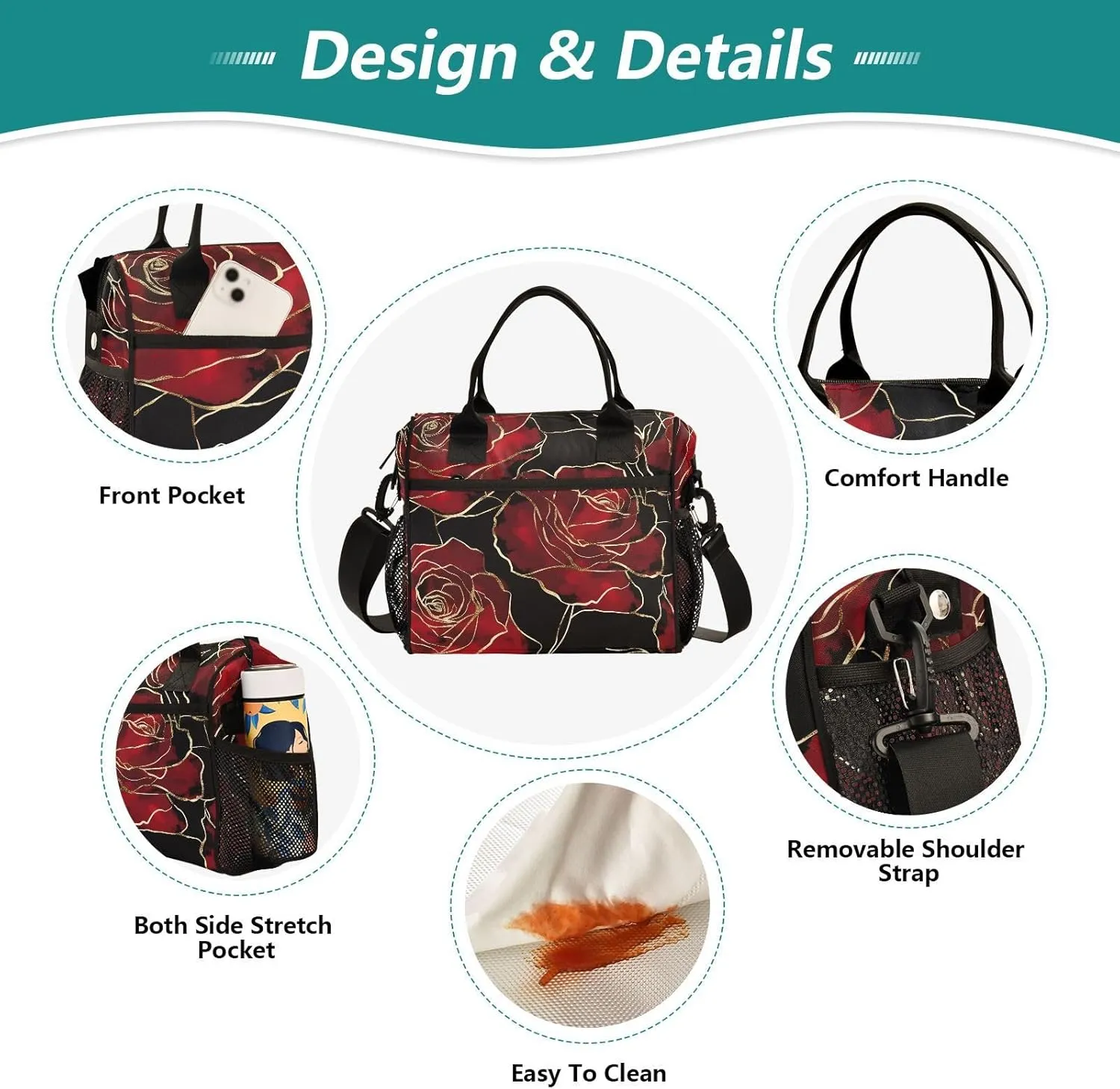 Red Roses Gold Black Lunch Bag for Women, Insulated Lunch Box for Students, Women's Lunch Tote Bag with Side Pockets & Removable Shoulder Strap Large Cooler Purse for Picnic Work Beach