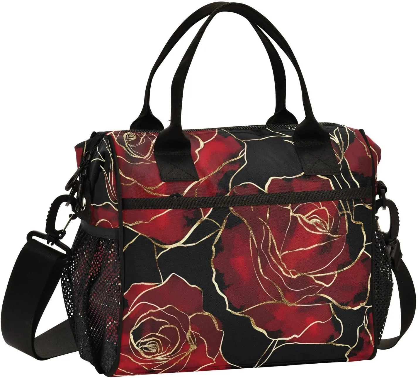 Red Roses Gold Black Lunch Bag for Women, Insulated Lunch Box for Students, Women's Lunch Tote Bag with Side Pockets & Removable Shoulder Strap Large Cooler Purse for Picnic Work Beach