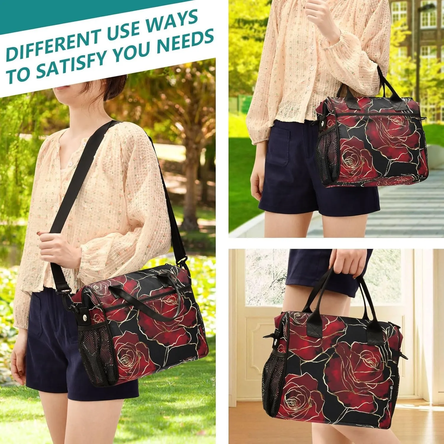 Red Roses Gold Black Lunch Bag for Women, Insulated Lunch Box for Students, Women's Lunch Tote Bag with Side Pockets & Removable Shoulder Strap Large Cooler Purse for Picnic Work Beach