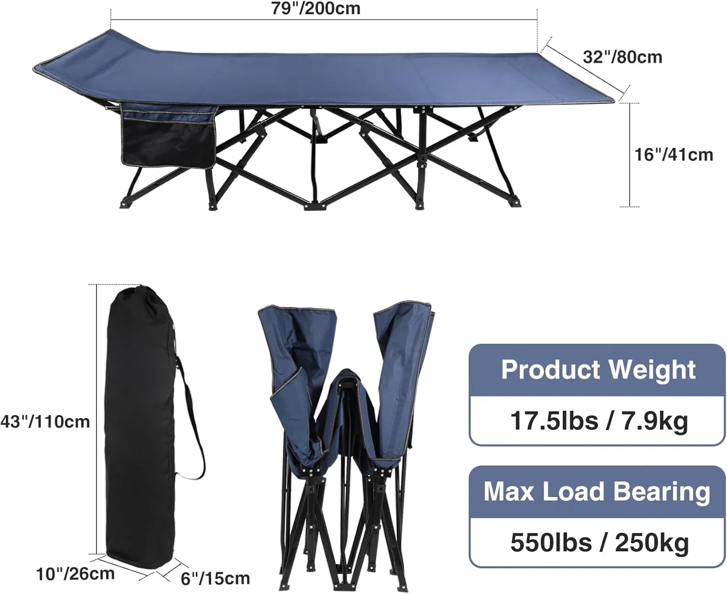 REDCAMP Oversized Heavy Duty Camping cots for Adults 500lbs, Extra Wide Tall Portable Sleeping Cots, XL Cots for Outdoor or Indoor Office, Blue