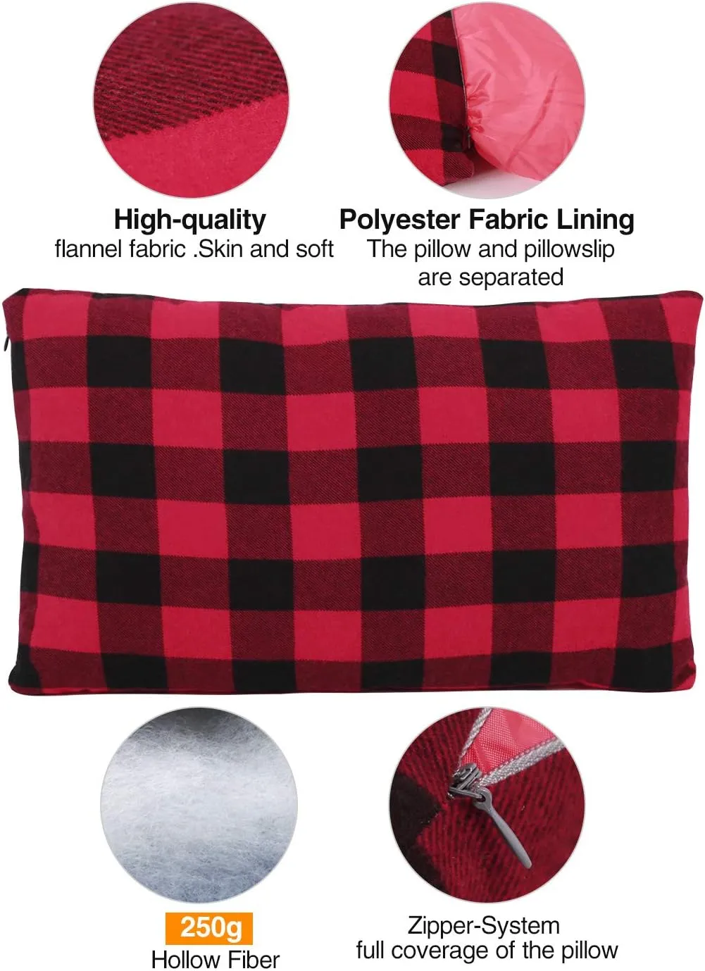REDCAMP Small Camping Pillow Lightweight and Compressible, 1PC Flannel Travel Pillow with Removable Pillow Cover (Red and Black Plaid)