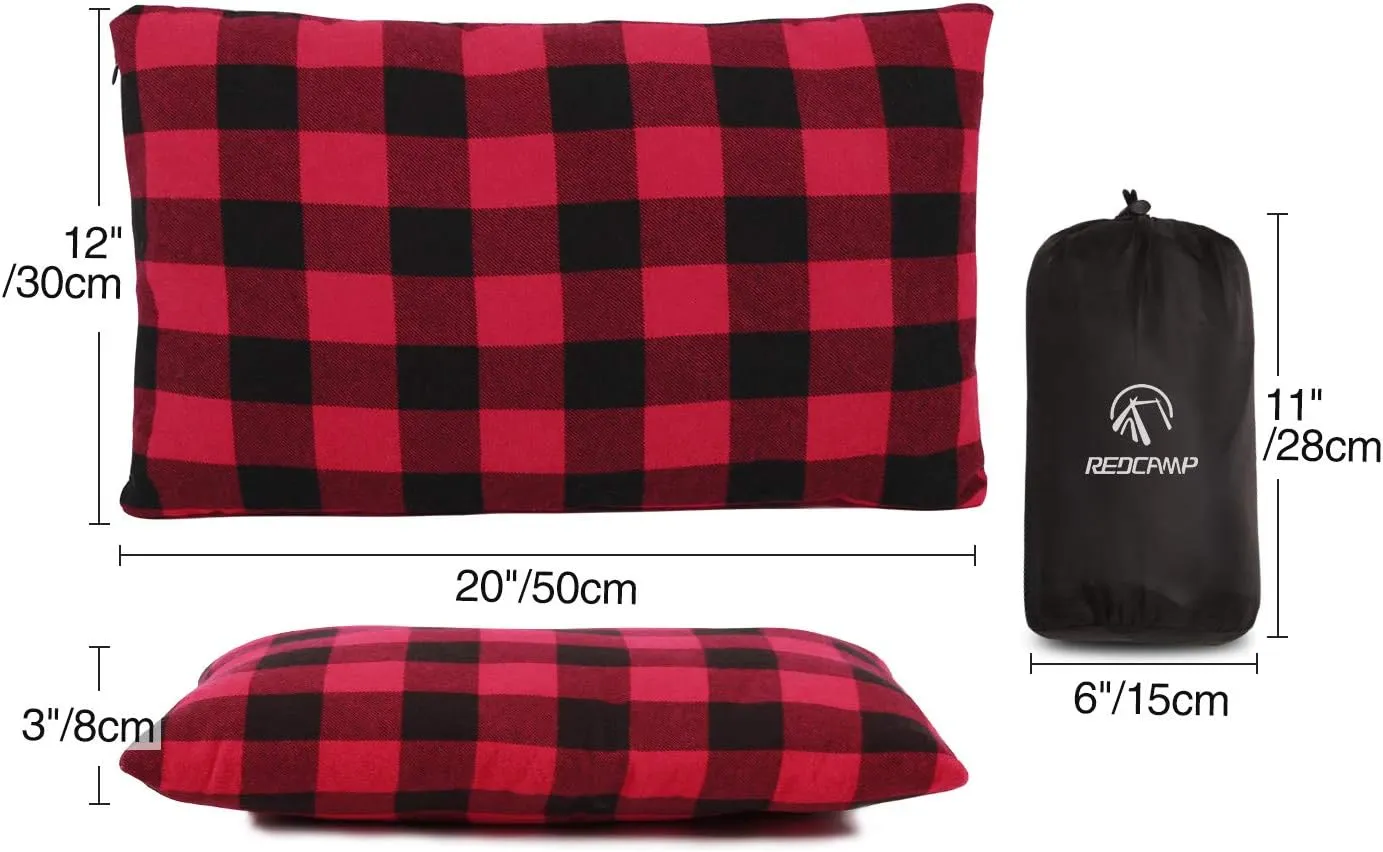 REDCAMP Small Camping Pillow Lightweight and Compressible, 1PC Flannel Travel Pillow with Removable Pillow Cover (Red and Black Plaid)