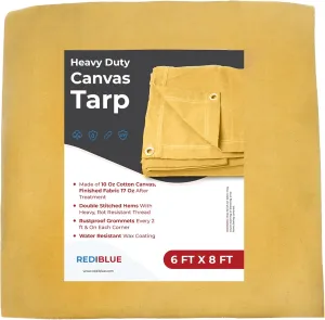 REDIBLUE 6 x 8ft Heavy Duty Water Resistant Canvas Tarp, Multi Purpose Use for Camping, Tent Canopy, Outdoor, Rustproof Grommets, Durable, Tear-Resistant, Cotton 17oz - Gold
