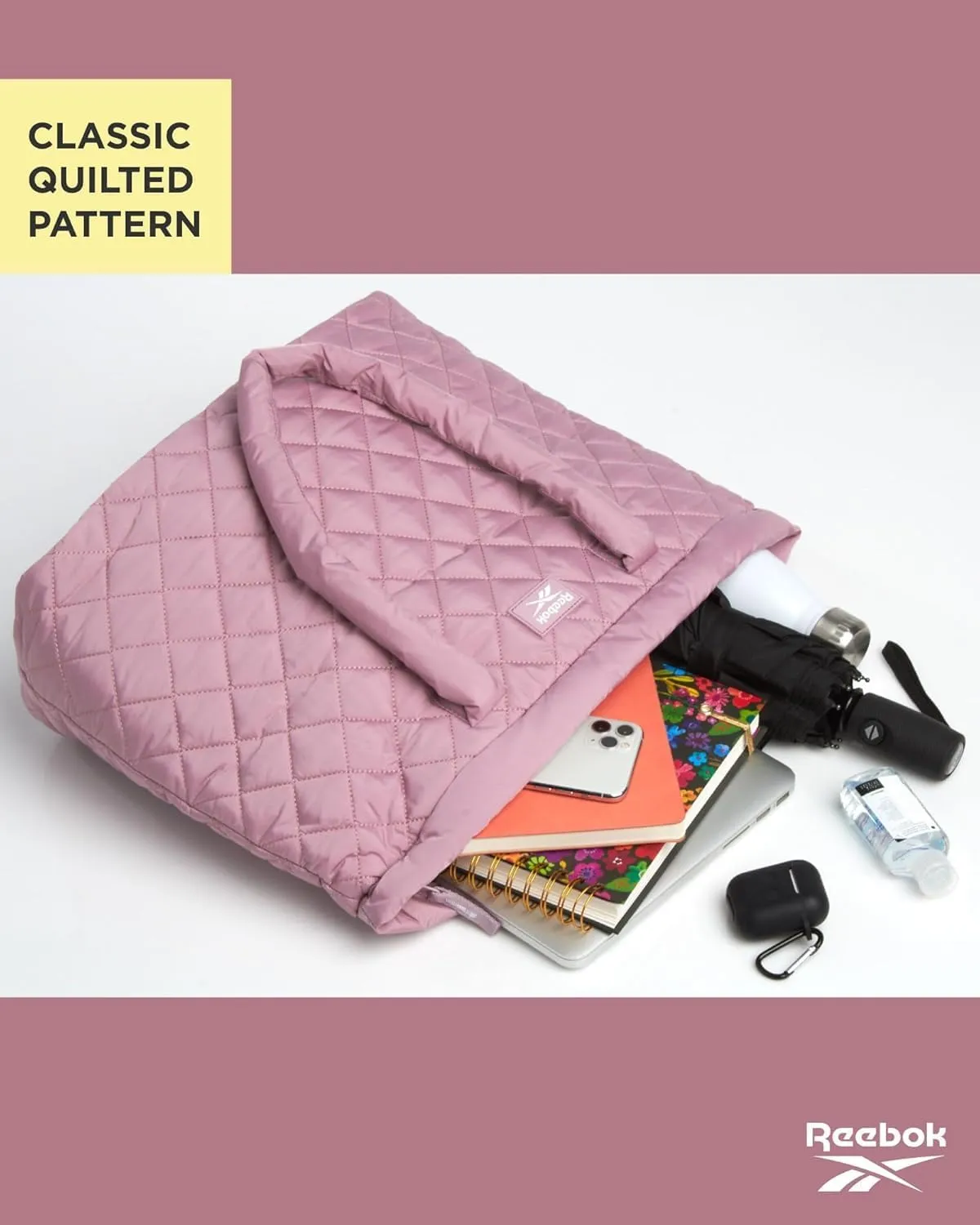 Reebok Womens Tote Bag - Lightweight Quilted Carry On Puffer Tote Bag for Women for Gym, Work, Travel, and Everyday Use