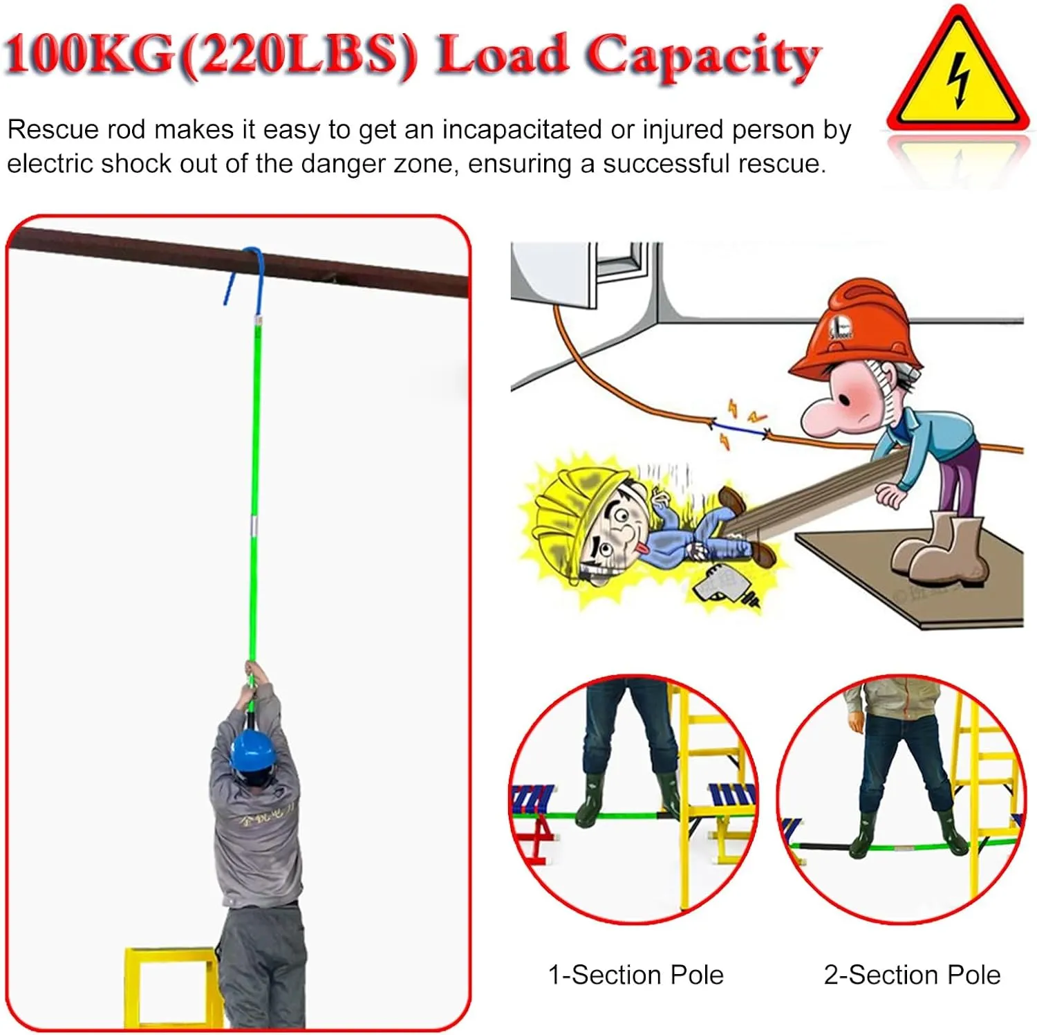 Rescue Hook Saftey Tool Insulated Body Rescue Hook, 3 5 6 10 Ft Long Lightweight Anti Electric Shock Rescue Pole for New Energy Vehicle Repairs, 10KV 35KV 110KV 220KV High Voltage Electrical Lifeguard