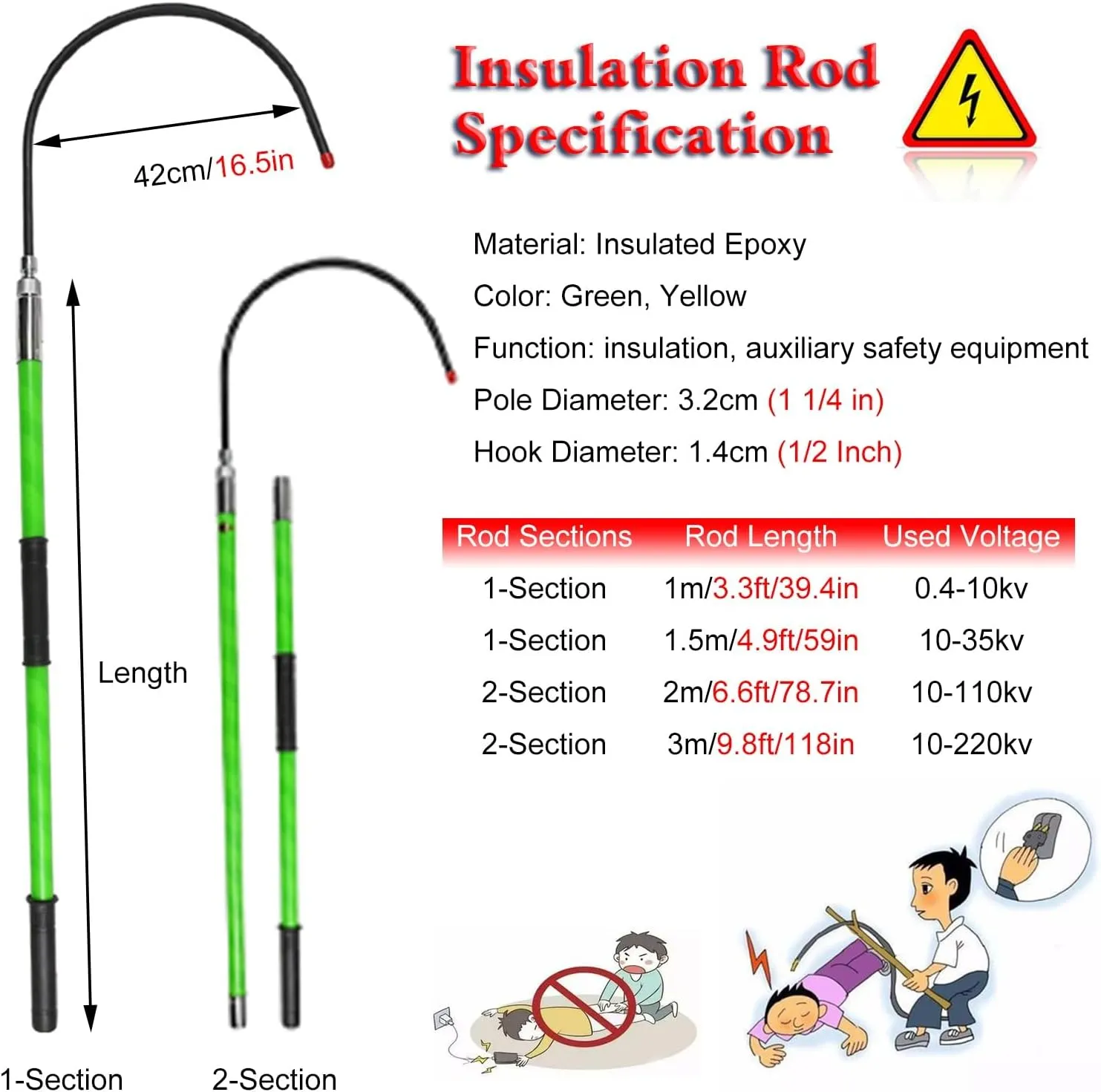 Rescue Hook Saftey Tool Insulated Body Rescue Hook, 3 5 6 10 Ft Long Lightweight Anti Electric Shock Rescue Pole for New Energy Vehicle Repairs, 10KV 35KV 110KV 220KV High Voltage Electrical Lifeguard