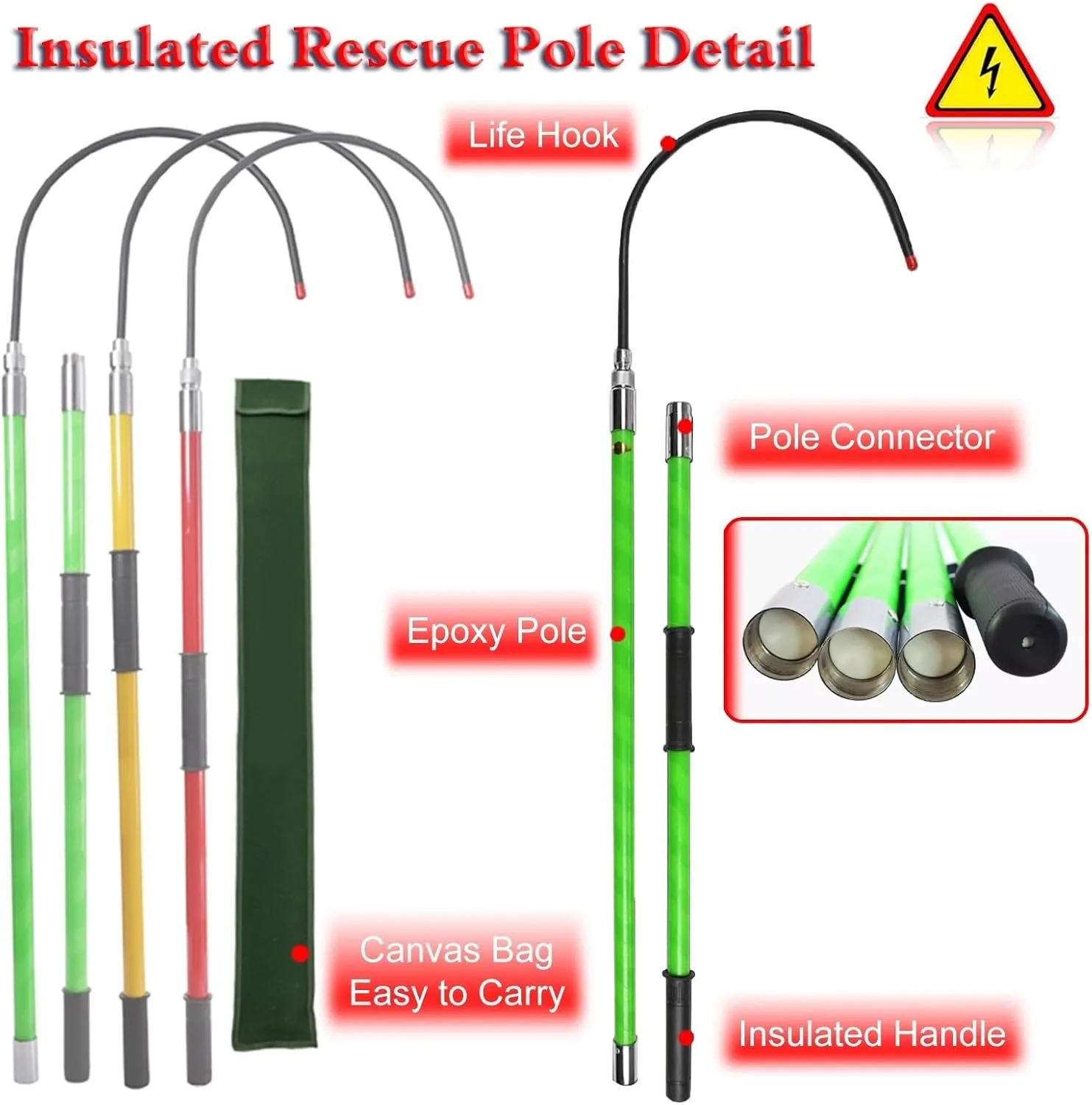 Rescue Hook Saftey Tool Insulated Body Rescue Hook, 3 5 6 10 Ft Long Lightweight Anti Electric Shock Rescue Pole for New Energy Vehicle Repairs, 10KV 35KV 110KV 220KV High Voltage Electrical Lifeguard