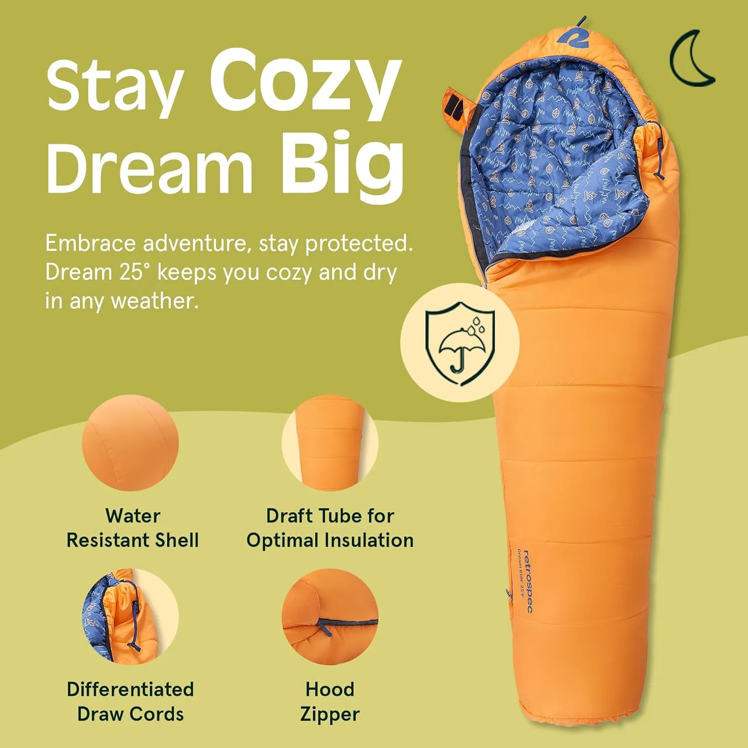 Retrospec Dream 25 Kids Mummy Sleeping Bag for Camping - Insulated, Water-Resistant, Lightweight
