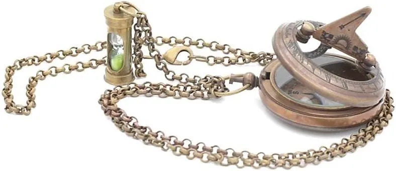 RII Brass Sundial Compass Necklace (Bronze), Astrolabe Compass Necklace for Men with Leather Case & Green Sand Mini Hour Glass for Loved , Unique Sun Clock