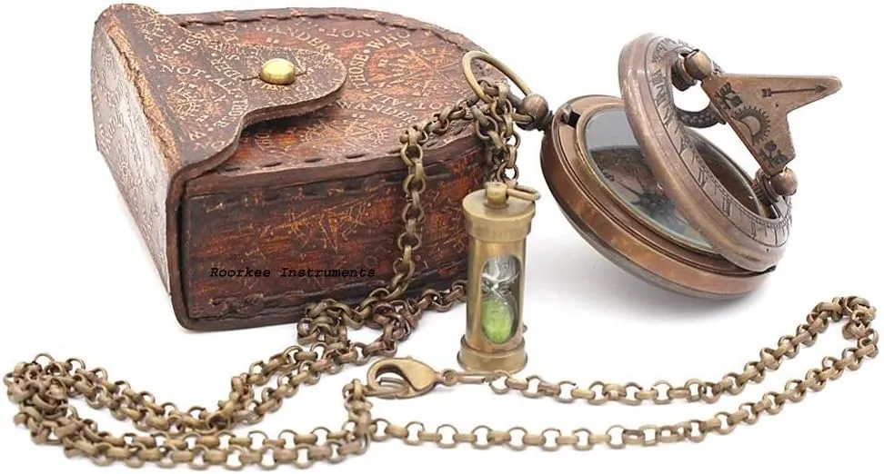 RII Brass Sundial Compass Necklace (Bronze), Astrolabe Compass Necklace for Men with Leather Case & Green Sand Mini Hour Glass for Loved , Unique Sun Clock