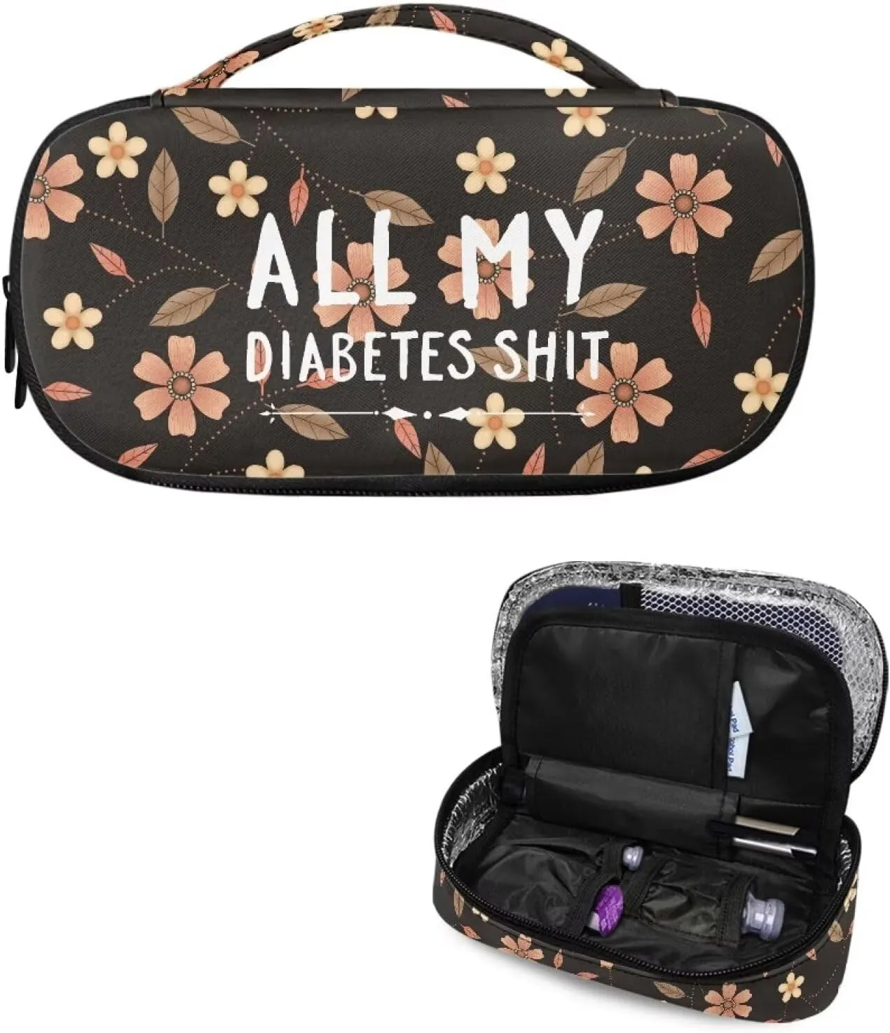 Rnyleeg Boho Flower Leaves Insulin Travel Case,All My Diabetes Shit Portable Cooling Bag for Diabetic Organizer Insulated Bag for Insulin Pen and Medication Diabetic Supplies