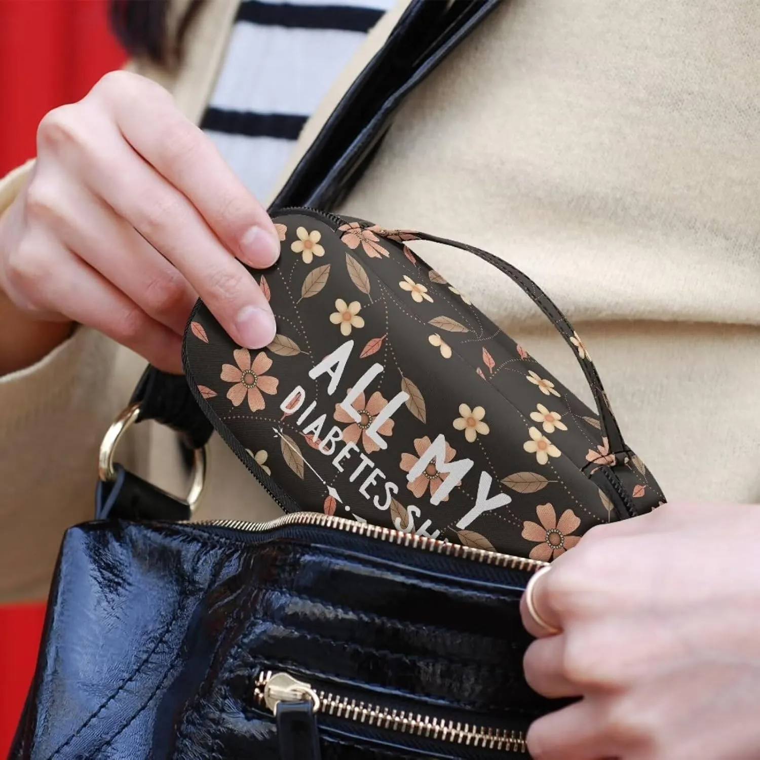 Rnyleeg Boho Flower Leaves Insulin Travel Case,All My Diabetes Shit Portable Cooling Bag for Diabetic Organizer Insulated Bag for Insulin Pen and Medication Diabetic Supplies