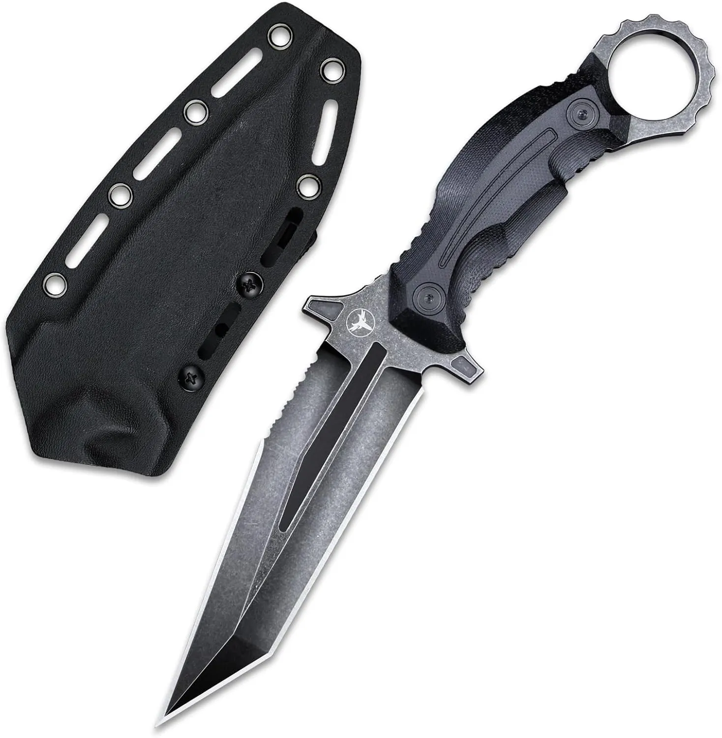 Rock Fixed Blade Knife Sleipner Steel Flat Ground Double-Edged Tanto Blade G10 Handlewith Kydex Sheath for Outdoor Camping Hunting Hiking Survival EDC Tool (Black)