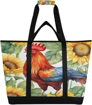Roosters and Sunflowers Reusable Insulated Lunchbox Cooler Bag, Leakproof Kitchen Grocery Bag Collapsible Portable Cooler Tote Bag for Picnic, Camping, Office, Travel