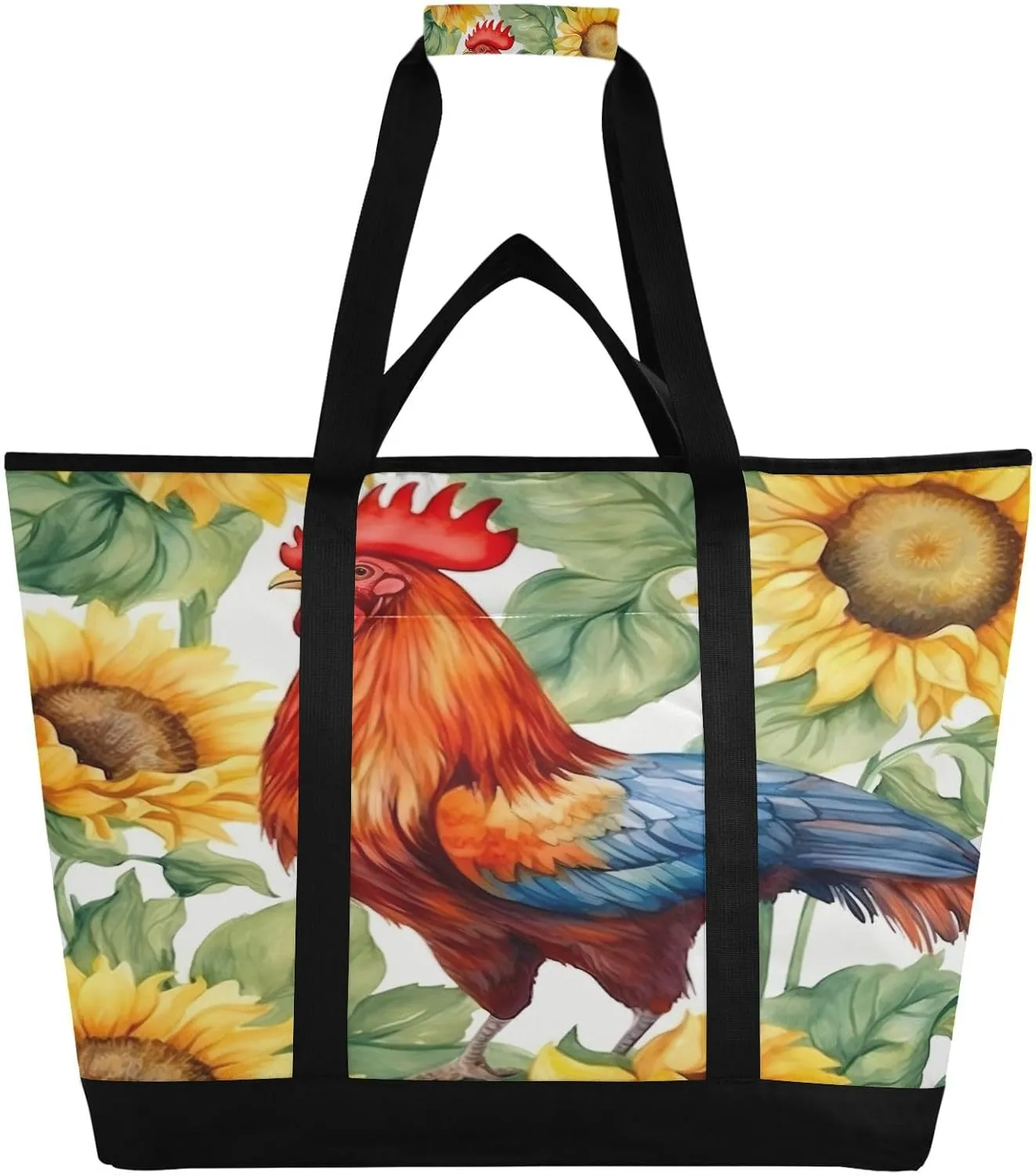 Roosters and Sunflowers Reusable Insulated Lunchbox Cooler Bag, Leakproof Kitchen Grocery Bag Collapsible Portable Cooler Tote Bag for Picnic, Camping, Office, Travel
