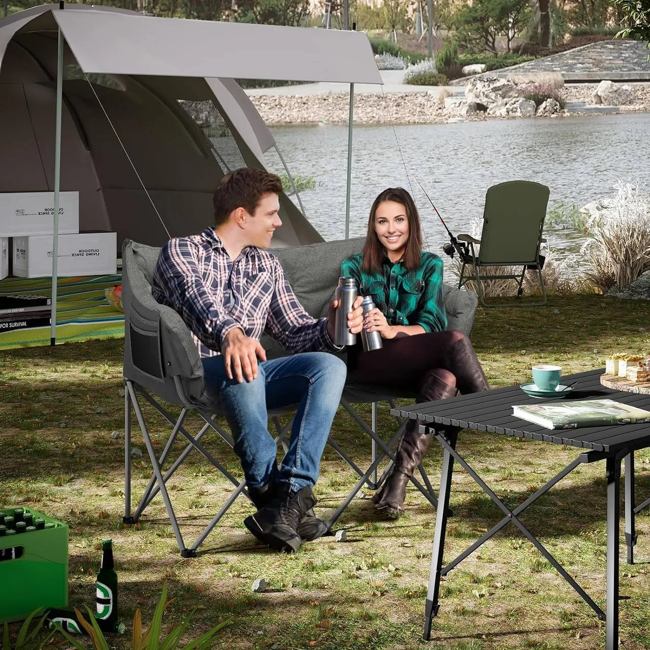 Rootz Camping Sofa for 2 - Folding Chair - Portable Outdoor Seating - Metal Frame - Linen Fabric - 121cm x 95cm x 60cm