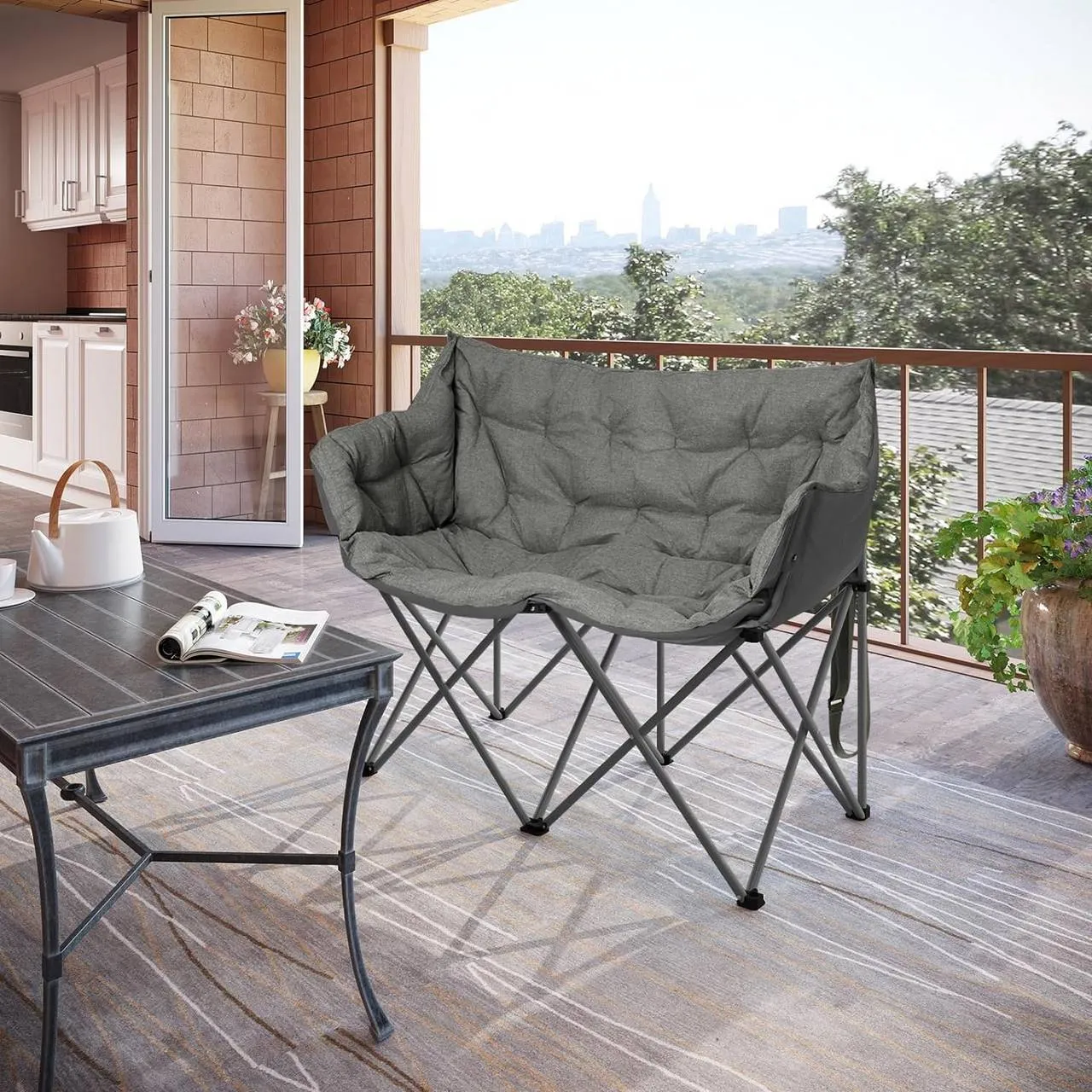 Rootz Camping Sofa for 2 - Folding Chair - Portable Outdoor Seating - Metal Frame - Linen Fabric - 121cm x 95cm x 60cm
