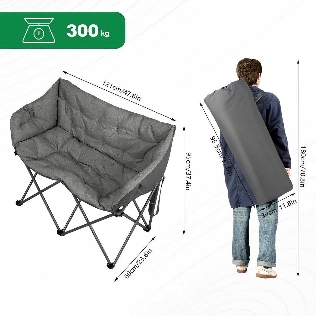 Rootz Camping Sofa for 2 - Folding Chair - Portable Outdoor Seating - Metal Frame - Linen Fabric - 121cm x 95cm x 60cm