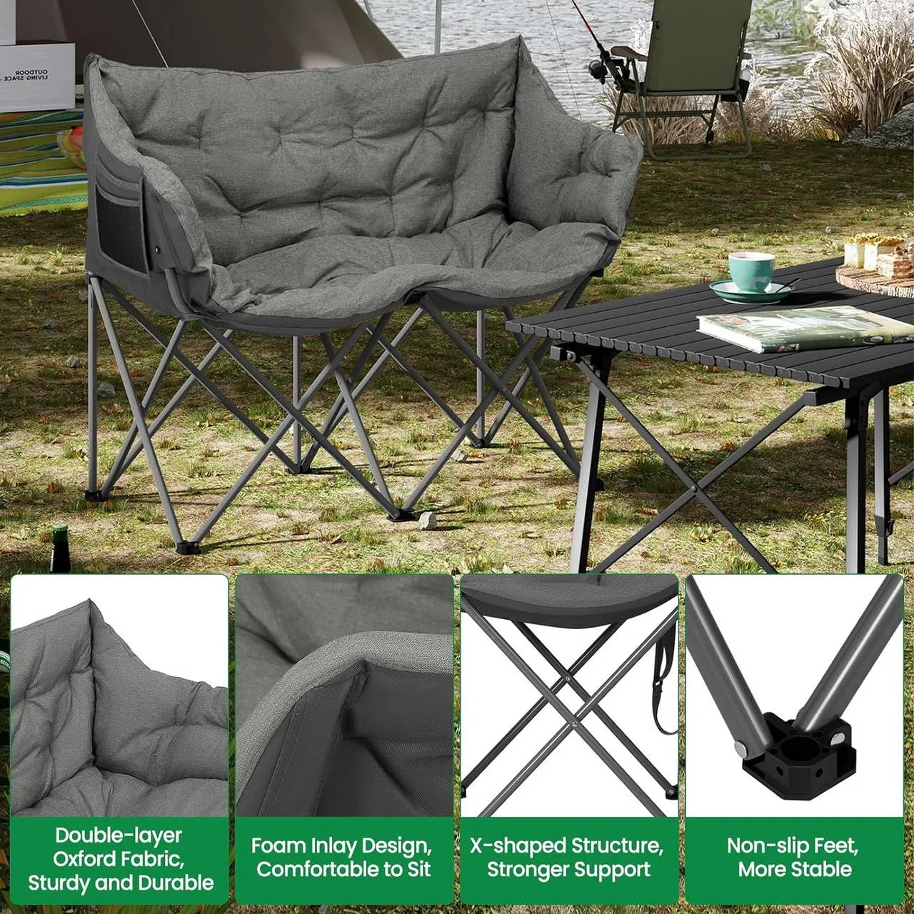 Rootz Camping Sofa for 2 - Folding Chair - Portable Outdoor Seating - Metal Frame - Linen Fabric - 121cm x 95cm x 60cm