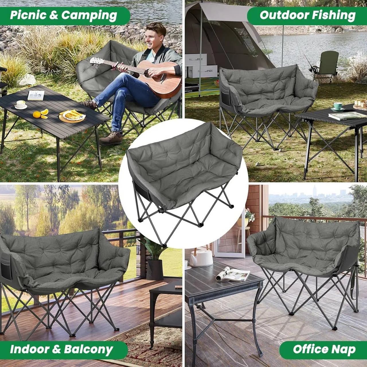 Rootz Camping Sofa for 2 - Folding Chair - Portable Outdoor Seating - Metal Frame - Linen Fabric - 121cm x 95cm x 60cm