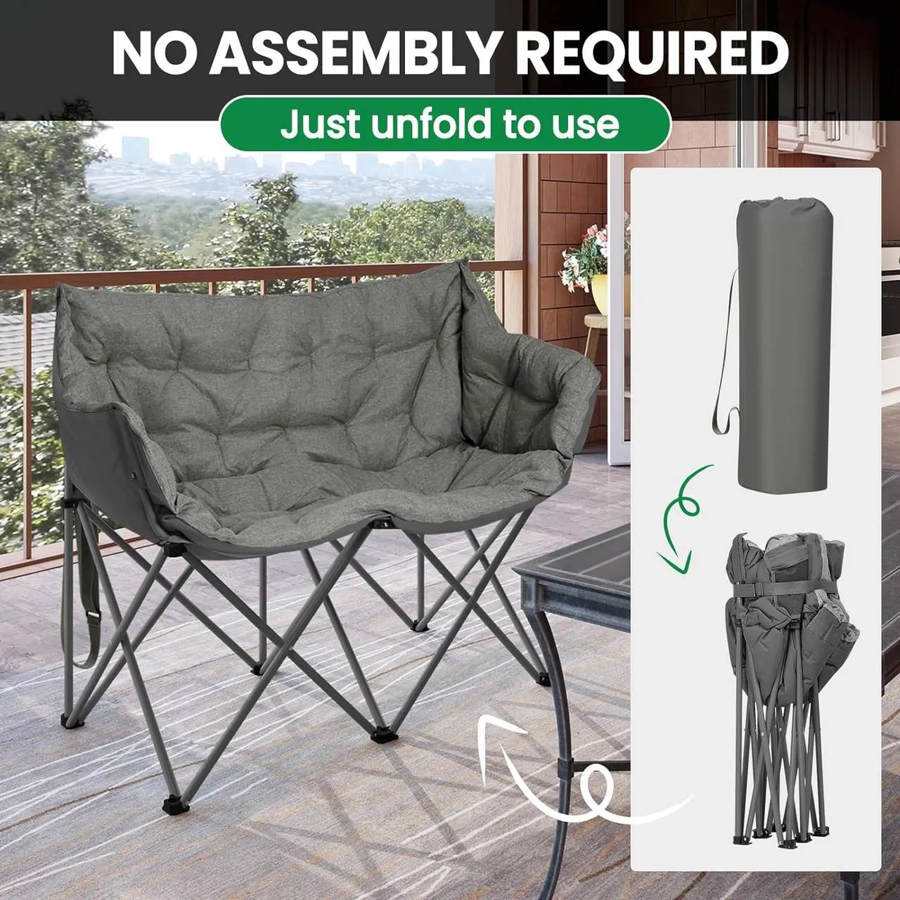Rootz Camping Sofa for 2 - Folding Chair - Portable Outdoor Seating - Metal Frame - Linen Fabric - 121cm x 95cm x 60cm