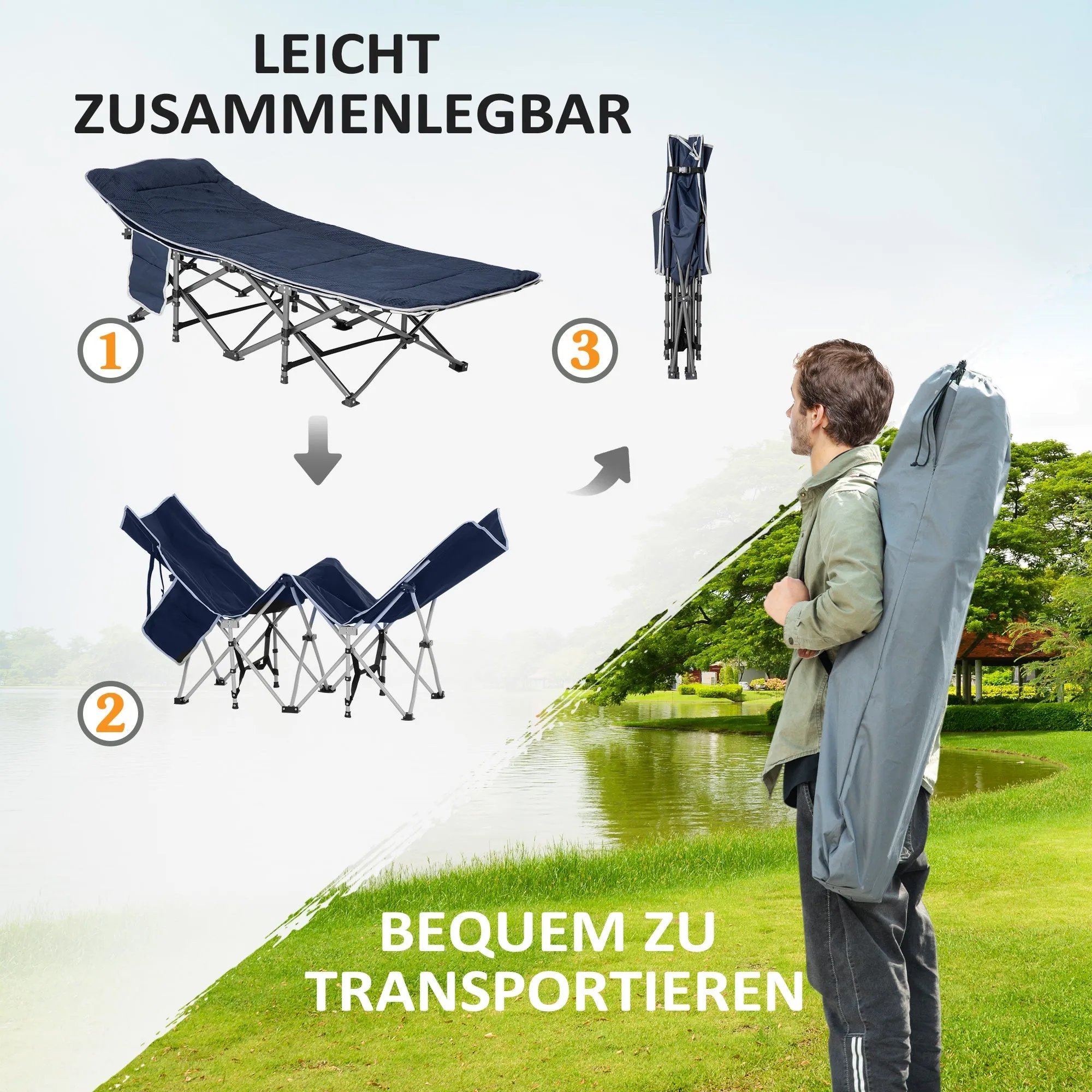 Rootz Foldable Camping Bed - Field Bed - Portable Resting Solution - Includes Pillow - 188 x 64.5 x 53 cm, Blue, Holds Up to 150 kg