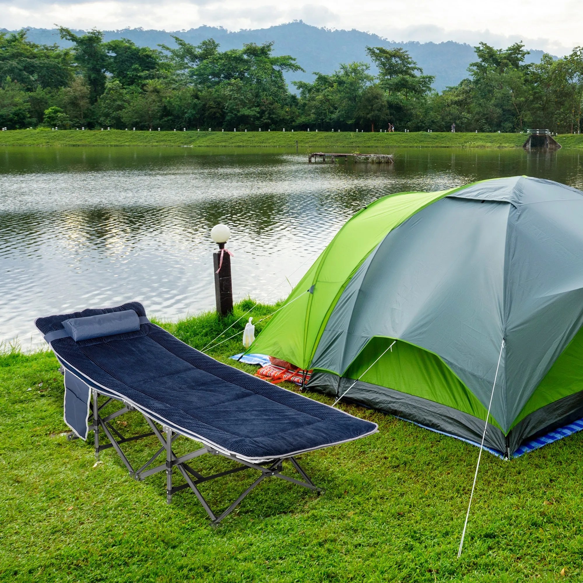 Rootz Foldable Camping Bed - Field Bed - Portable Resting Solution - Includes Pillow - 188 x 64.5 x 53 cm, Blue, Holds Up to 150 kg