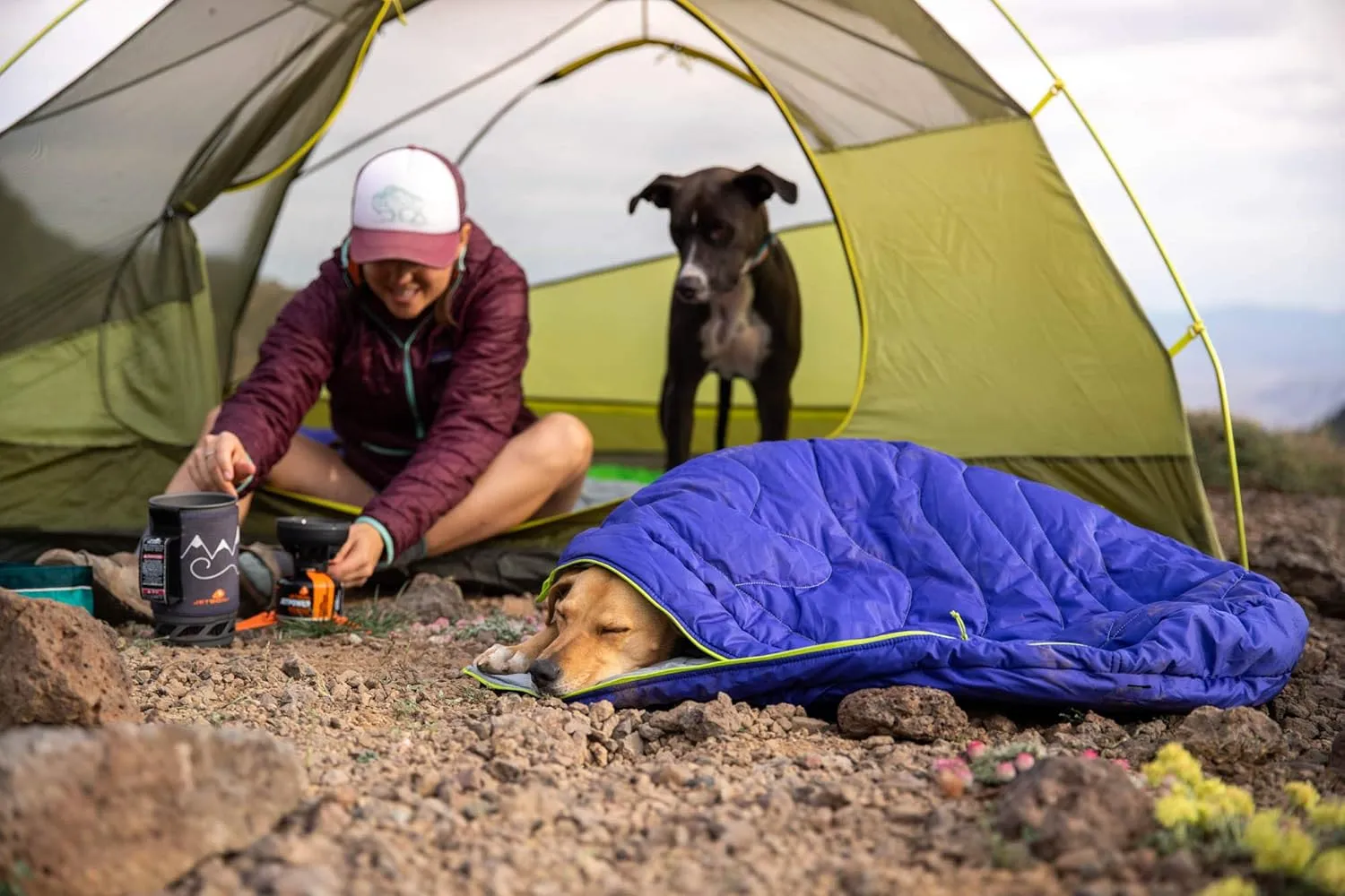 Ruffwear, Highlands Dog Sleeping Bag, Water-Resistant Portable Dog Bed for Outdoor Use, Huckleberry Blue, Large