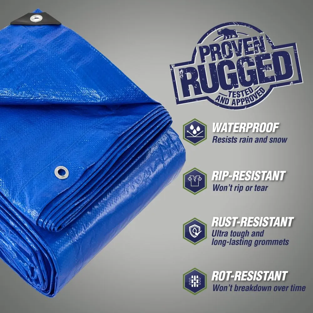 Rugged Rhino All Weather 100% Waterproof Heavy Duty Tarp, 5 Mil UV Temperature Resistant Tarps, High Durability Multipurpose Cover, for Home Outdoor Patio Winter Leaf Camping,15x15 1 Pack Blue