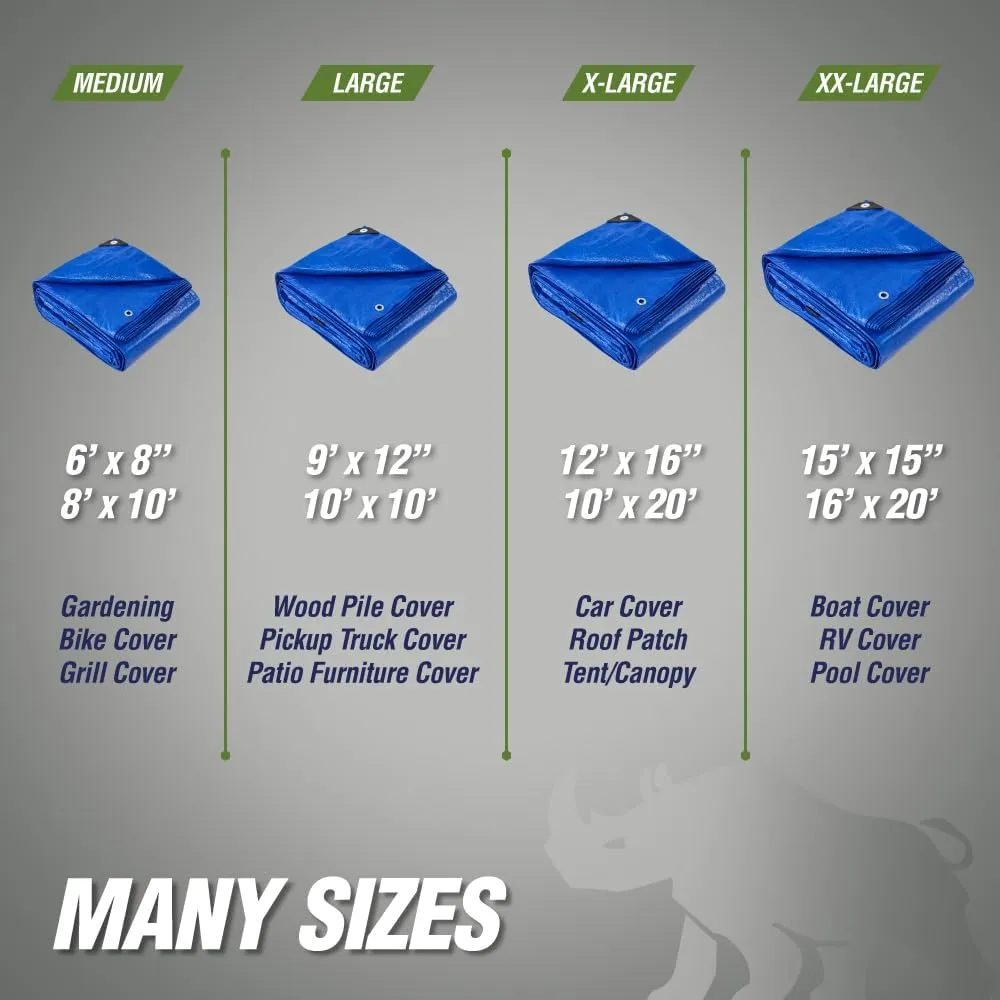 Rugged Rhino All Weather 100% Waterproof Heavy Duty Tarp, 5 Mil UV Temperature Resistant Tarps, High Durability Multipurpose Cover, for Home Outdoor Patio Winter Leaf Camping,15x15 1 Pack Blue