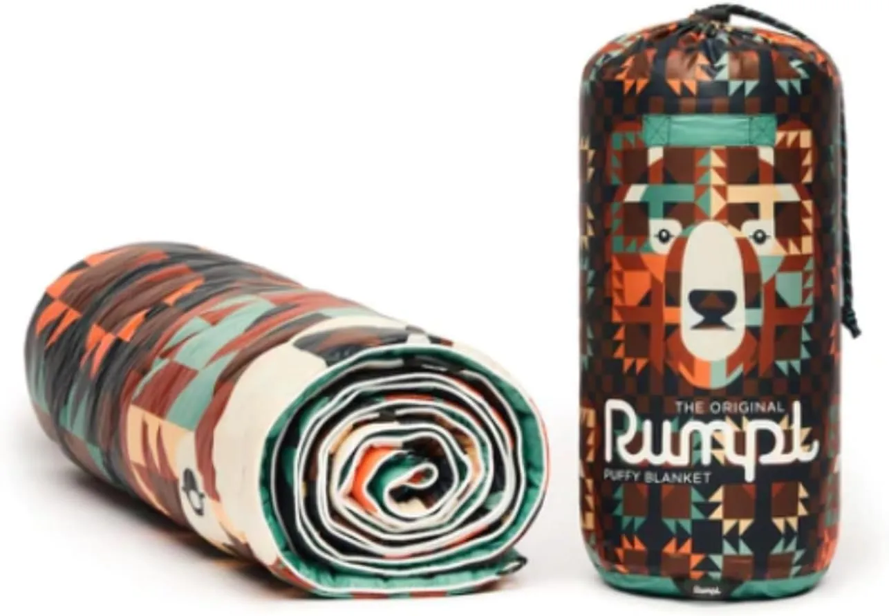 Rumpl Original Puffy Blanket - Warm Puffy Camping Blanket, 100% Recycled Polyester Insulation, Lightweight, Packable, Water-Resistant, Outdoor Puffer Blanket, 52"x75", V1, Grizzly Slumber