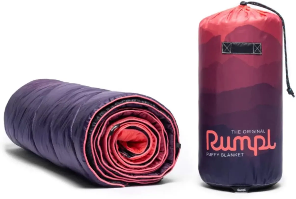 Rumpl Original Puffy Blanket - Warm Puffy Camping Blanket, 100% Recycled Polyester Insulation, Lightweight, Packable, Water-Resistant, Outdoor Puffer Blanket, 52"x75", V1, Rocky Mountain Fade