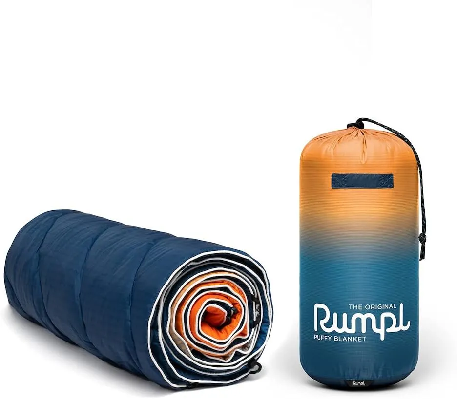 Rumpl Original Puffy Blanket - Warm Puffy Camping Blanket, 100% Recycled Polyester Insulation, Lightweight, Packable, Water-Resistant, Outdoor Puffer Blanket, 52"x75", V1, Sunset Fade