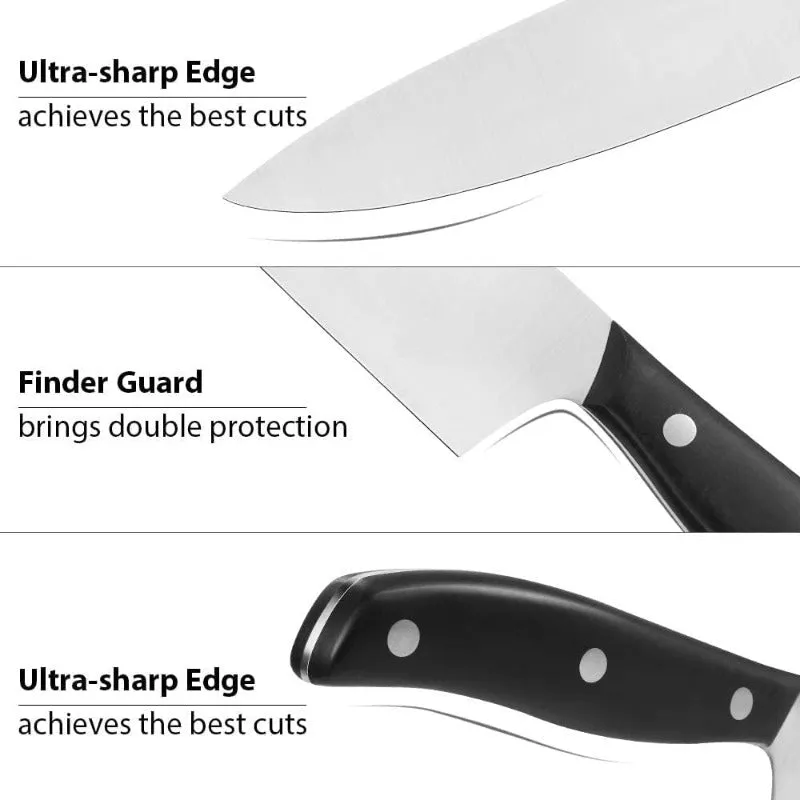 Rynx | 15-piece professional chef knife set with wooden block, high-quality carbon stainless steel with scissors, knife sharpener, and 6 serrated steak knives