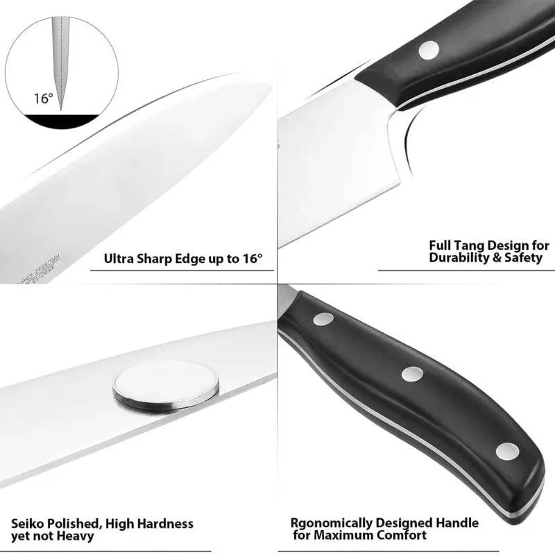 Rynx | 15-piece professional chef knife set with wooden block, high-quality carbon stainless steel with scissors, knife sharpener, and 6 serrated steak knives
