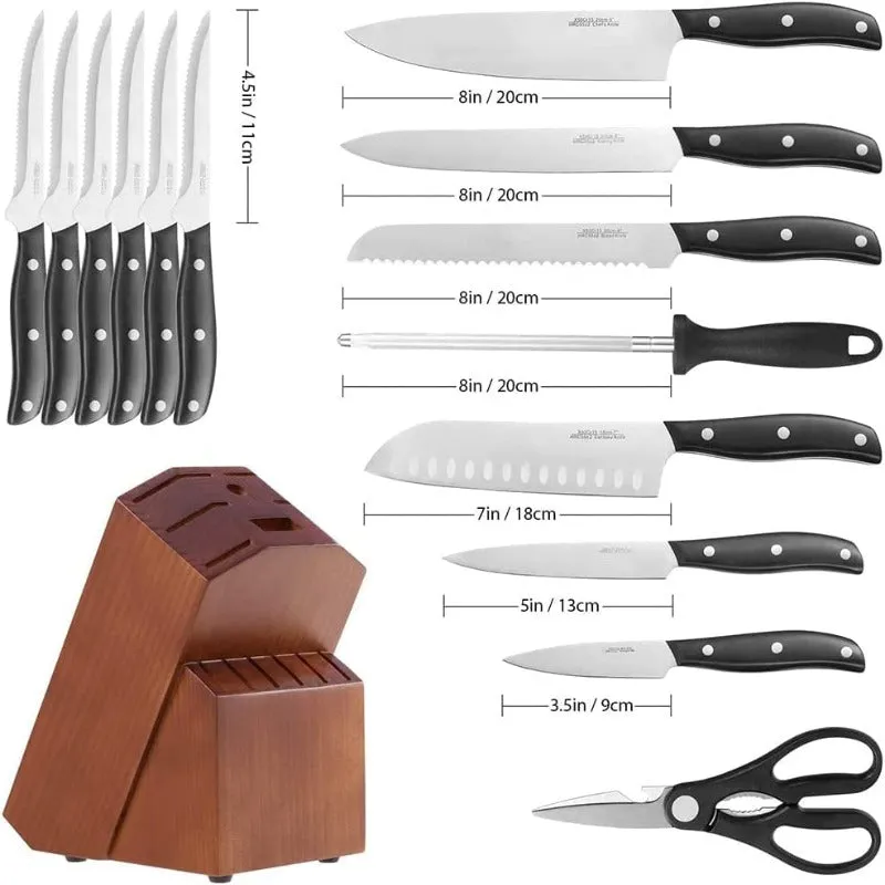 Rynx | 15-piece professional chef knife set with wooden block, high-quality carbon stainless steel with scissors, knife sharpener, and 6 serrated steak knives