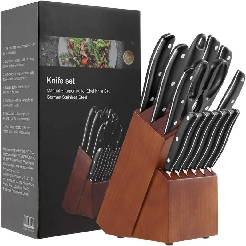 Rynx | 15-piece professional chef knife set with wooden block, high-quality carbon stainless steel with scissors, knife sharpener, and 6 serrated steak knives