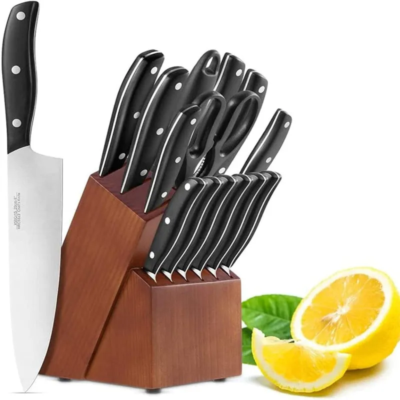 Rynx | 15-piece professional chef knife set with wooden block, high-quality carbon stainless steel with scissors, knife sharpener, and 6 serrated steak knives