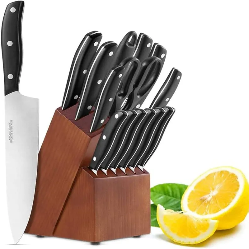 Rynx | 15-piece professional chef knife set with wooden block, high-quality carbon stainless steel with scissors, knife sharpener, and 6 serrated steak knives