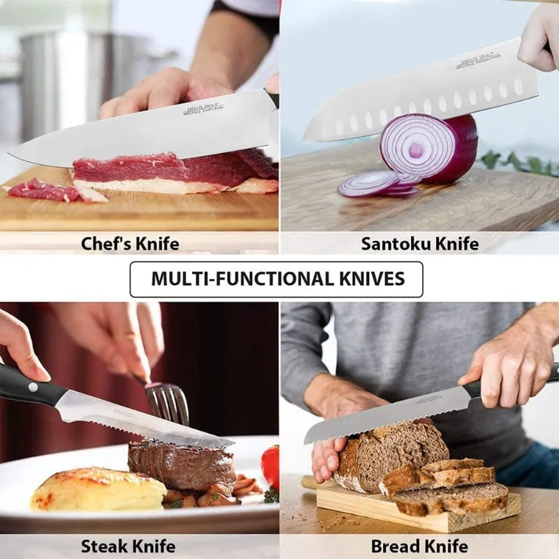 Rynx | 15-piece professional chef knife set with wooden block, high-quality carbon stainless steel with scissors, knife sharpener, and 6 serrated steak knives