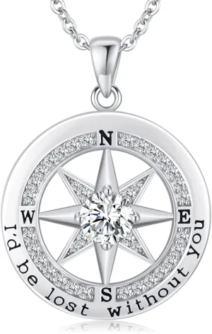 S925 Necklace Gift for Wife |Compass Jewelry |Women Anniversary |Sterling Silver |Girlfriend Birthday Gifts for Her Valentines |I'd be Lost without You |Jewel 18K Gold