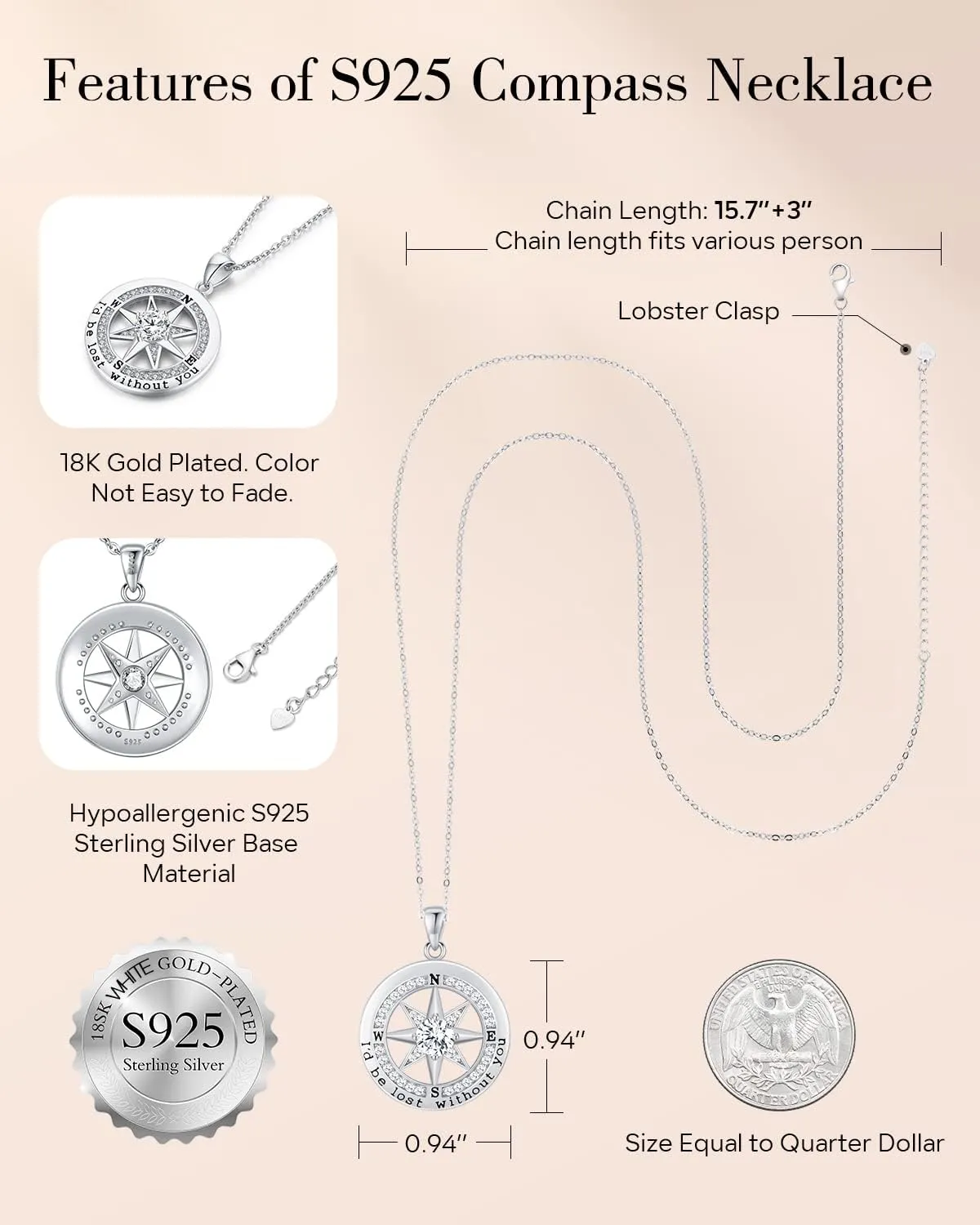 S925 Necklace Gift for Wife |Compass Jewelry |Women Anniversary |Sterling Silver |Girlfriend Birthday Gifts for Her Valentines |I'd be Lost without You |Jewel 18K Gold