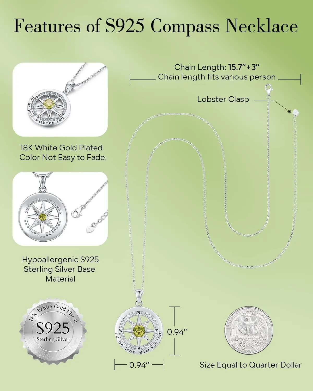 S925 Necklace Gift for Wife |Compass Jewelry |Women Anniversary |Sterling Silver |Girlfriend Birthday Gifts for Her Valentines |I'd be Lost without You |Jewel 18K Gold